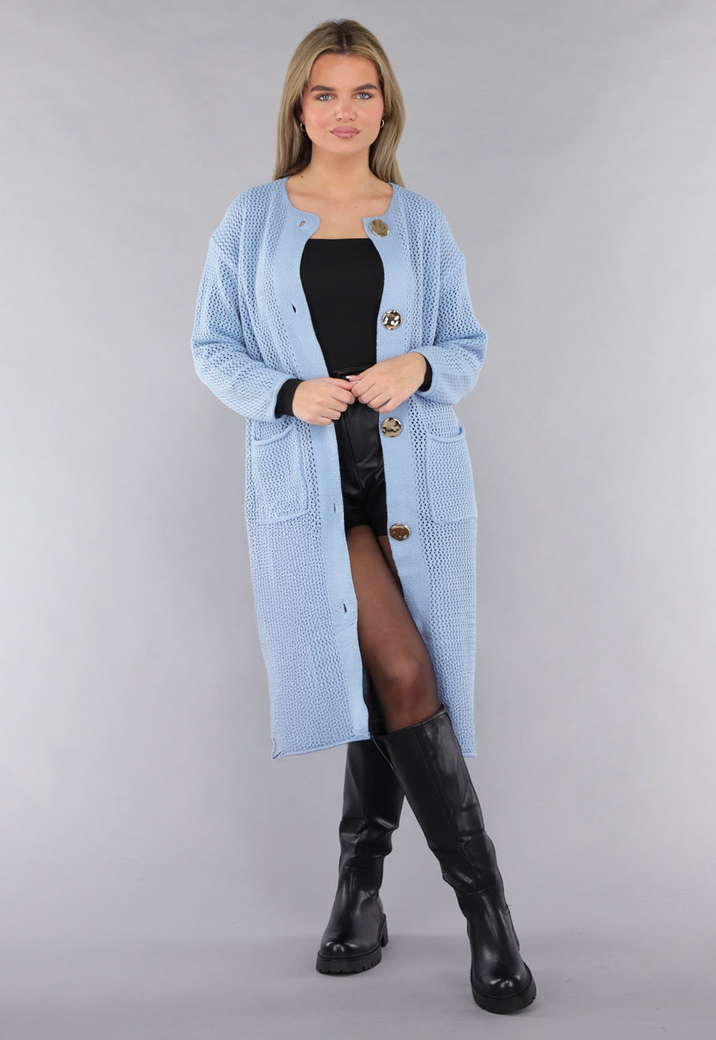 Blauw Oversized Gebreid Vest met Gouden Knopen