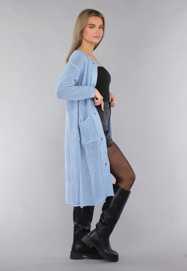 Blauw Oversized Gebreid Vest met Gouden Knopen
