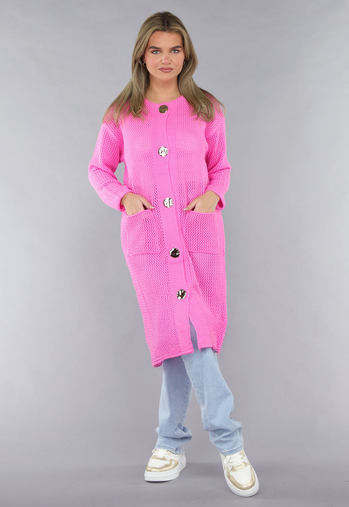 Felroze Oversized Gebreide Cardigan met Gouden Knopen