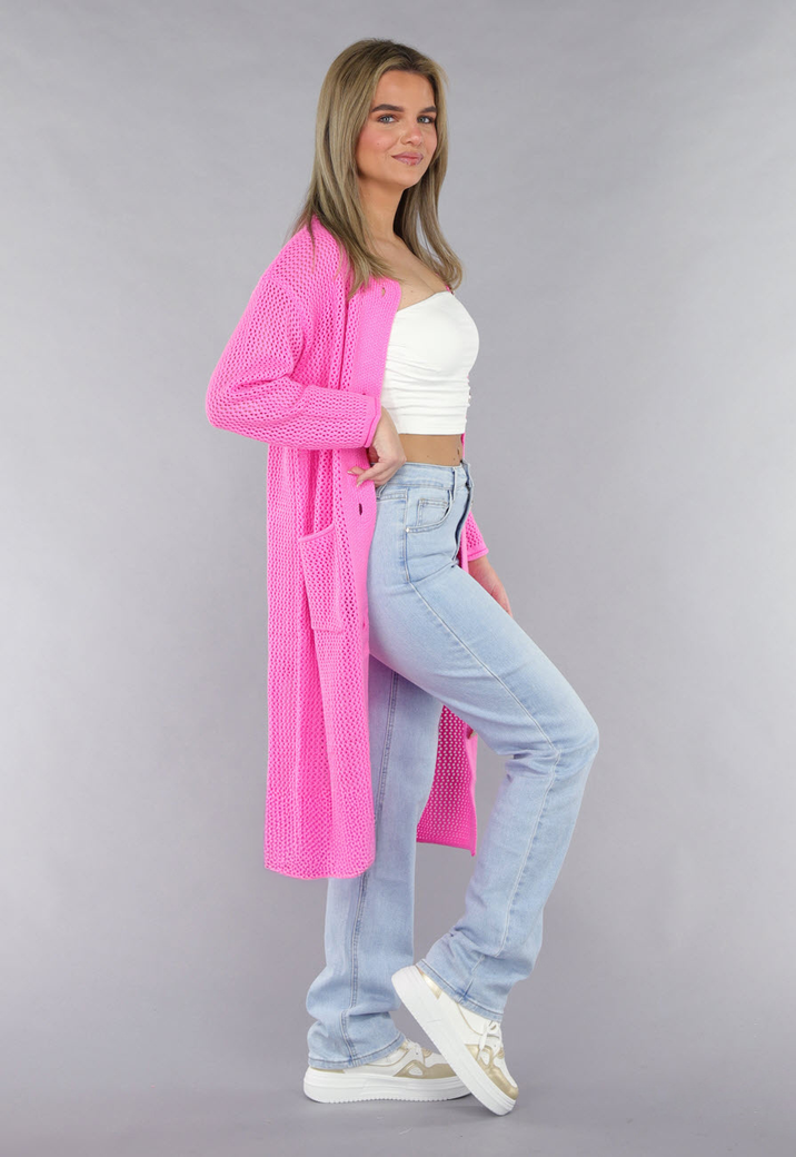 Felroze Oversized Gebreide Cardigan met Gouden Knopen