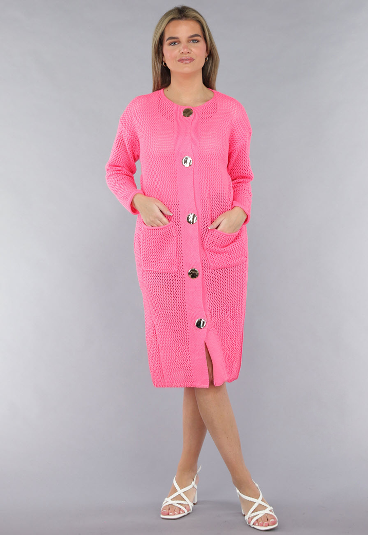 Lang Roze Gebreid Vest met Statement Knopen