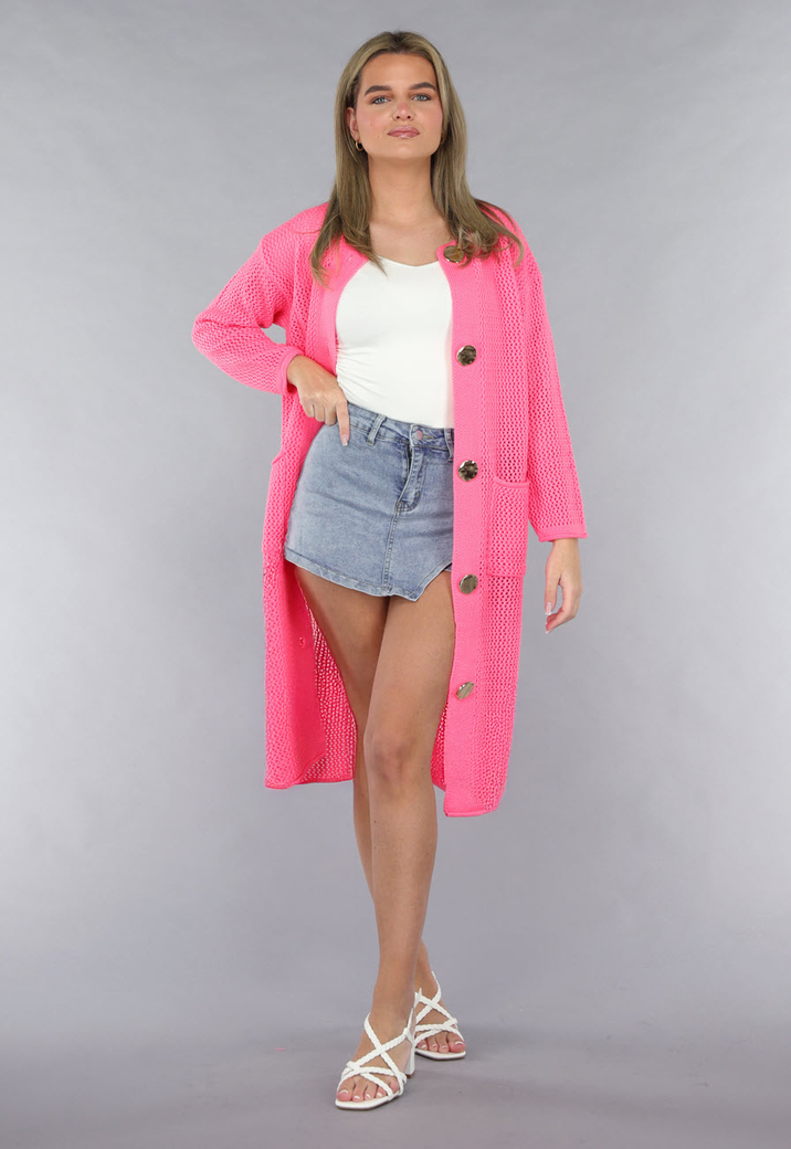 Lang Roze Gebreid Vest met Statement Knopen