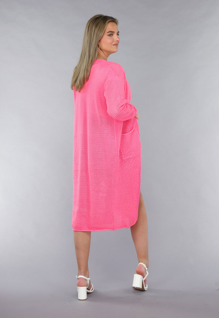 Lang Roze Gebreid Vest met Statement Knopen