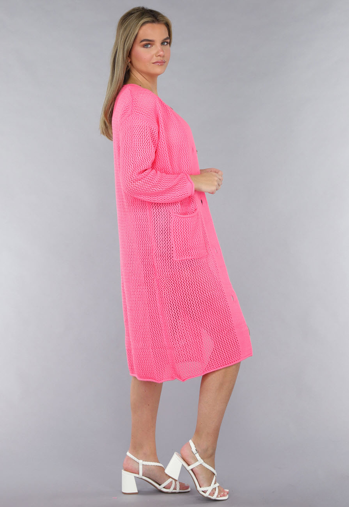 Lang Roze Gebreid Vest met Statement Knopen