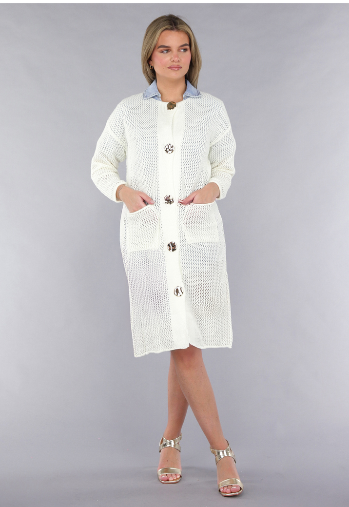 Lang Ecru Oversized Vest met Gebreide Look