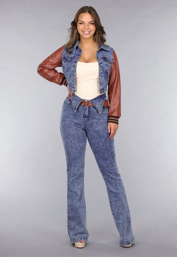 Denim Flared Two Piece met Bruine Lederlook Details