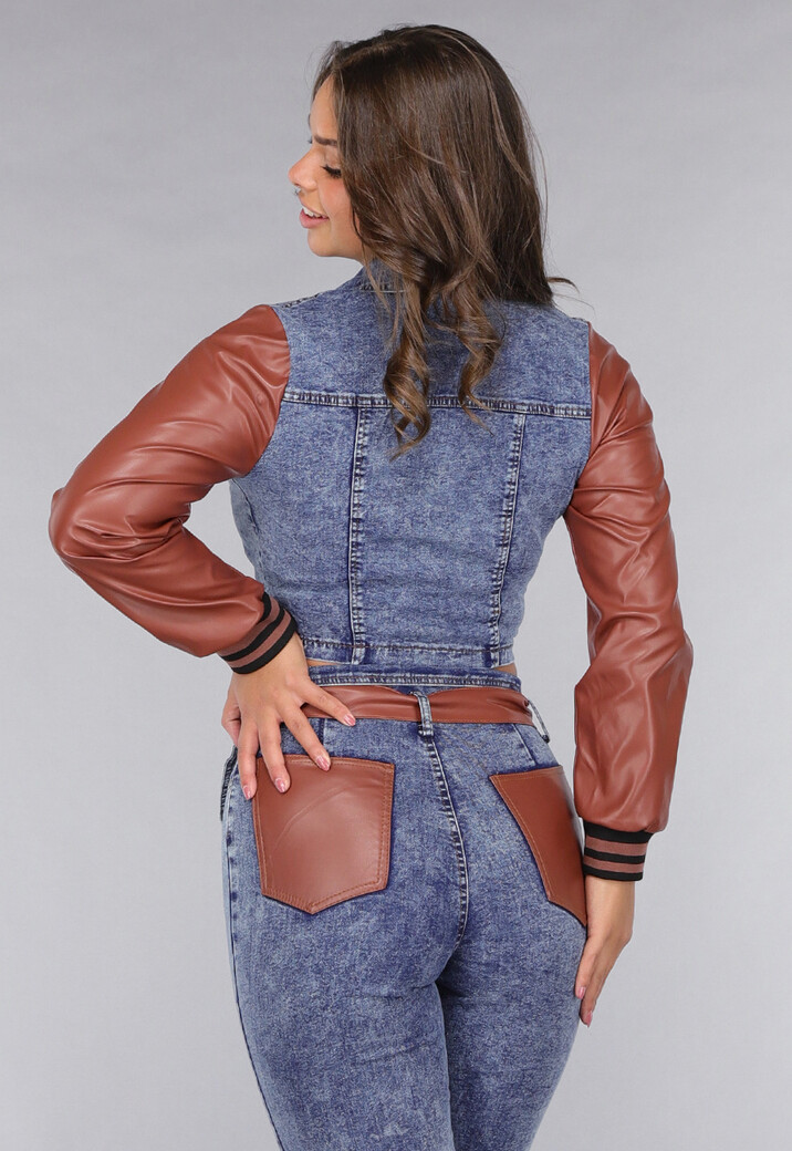 Denim Flared Two Piece met Bruine Lederlook Details