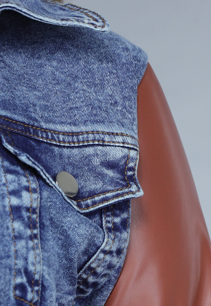 Denim Flared Two Piece met Bruine Lederlook Details