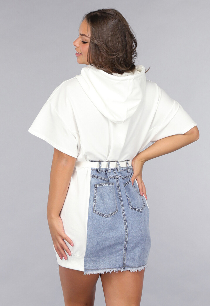 Witte T Shirt Jurk met Denim Rok Ontwerp