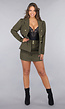 2-delige Khaki Blazer Skort Set met Gouden Marine Knopen