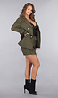 2-delige Khaki Blazer Skort Set met Gouden Marine Knopen