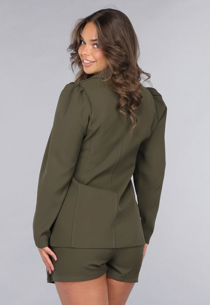 2-delige Khaki Blazer Skort Set met Gouden Marine Knopen