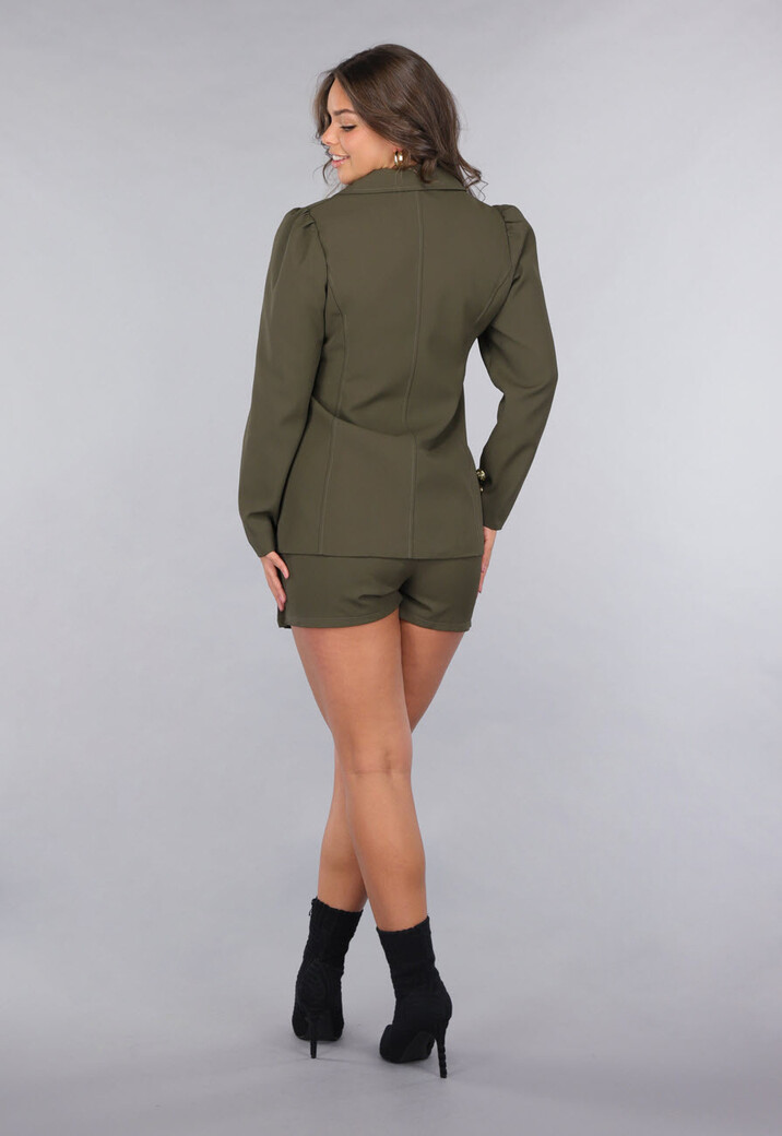 2-delige Khaki Blazer Skort Set met Gouden Marine Knopen