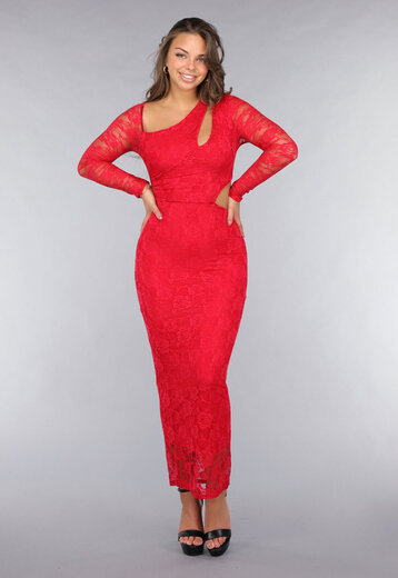 Rode Longsleeve Kanten Cut-Out Jurk