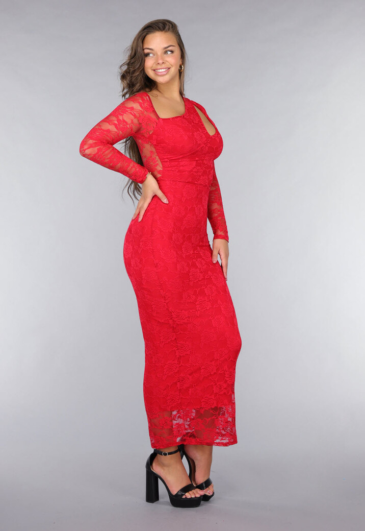 Rode Longsleeve Kanten Cut-Out Jurk