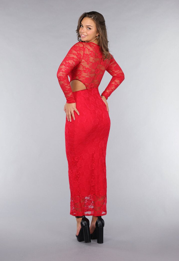 Rode Longsleeve Kanten Cut-Out Jurk