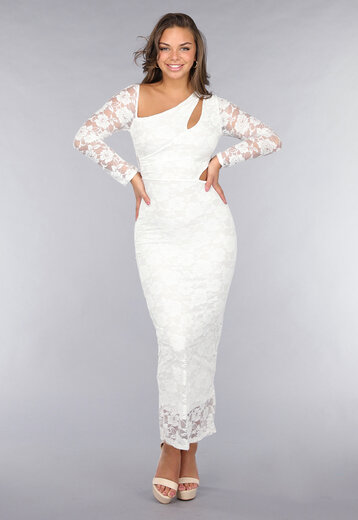Witte Longsleeve Lace Jurk met Cut-Outs
