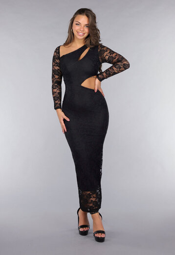 Zwarte Kanten Bodycon Jurk met Cut-Out