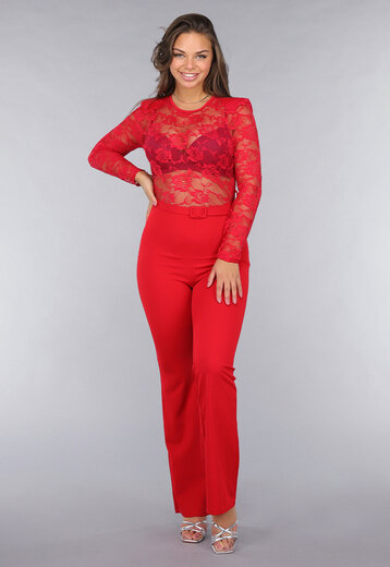 Rode Lace Stretch Jumpsuit met Rechte Pijpen