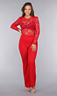 Rode Lace Stretch Jumpsuit met Rechte Pijpen