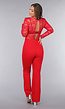 Rode Lace Stretch Jumpsuit met Rechte Pijpen