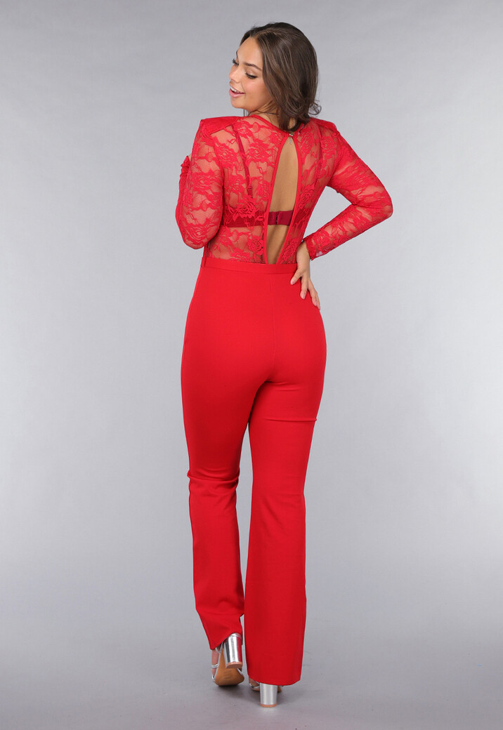 Rode Lace Stretch Jumpsuit met Rechte Pijpen