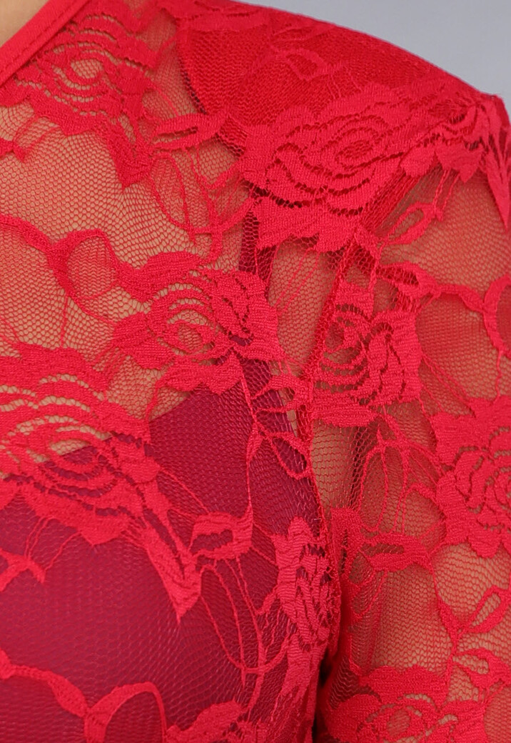 Rode Lace Stretch Jumpsuit met Rechte Pijpen