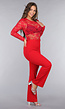 Rode Lace Stretch Jumpsuit met Rechte Pijpen