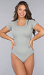 Grijze Ribstof Stretch Shaping Bodysuit met Korte Mouwen