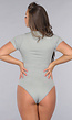Grijze Ribstof Stretch Shaping Bodysuit met Korte Mouwen