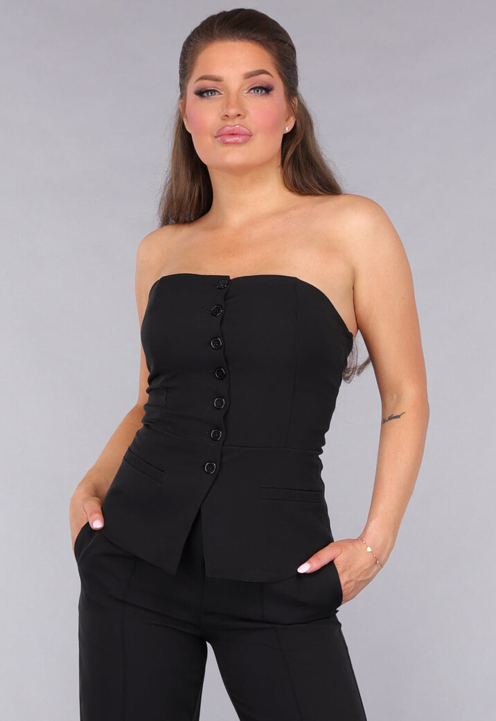 Blazer Suit met Strapless Top en Pantalon in Zwart