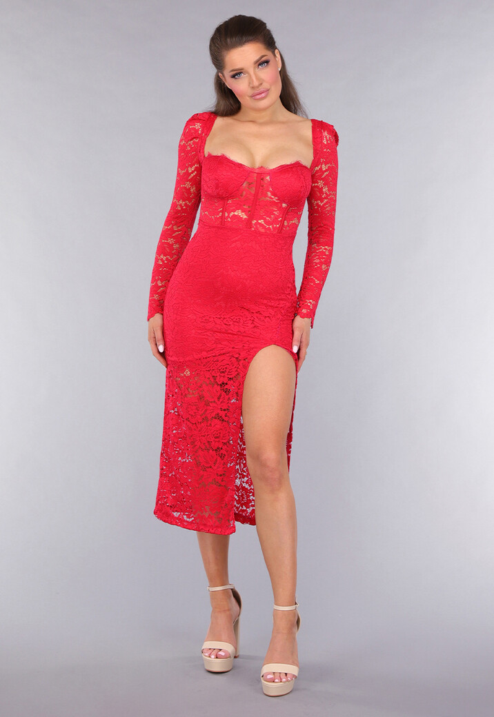 Rode Kanten Longsleeve Jurk met Pads en Split