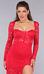 Rode Kanten Longsleeve Jurk met Pads en Split