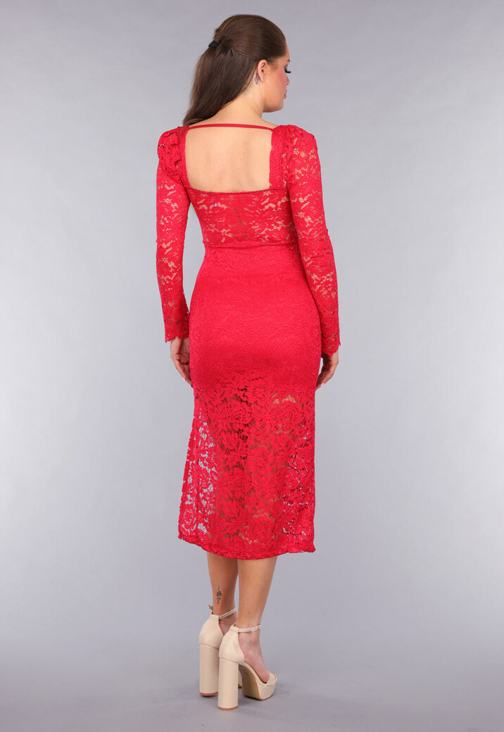 Rode Kanten Longsleeve Jurk met Pads en Split