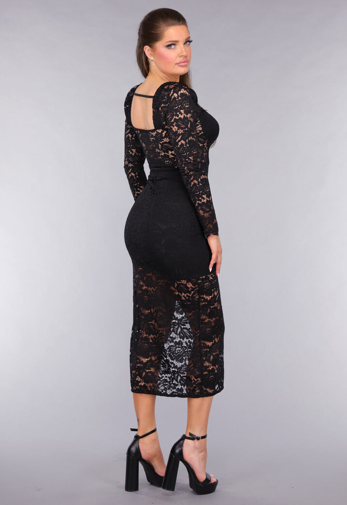 Kanten Longsleeve Jurk met Pads en Split in Zwart