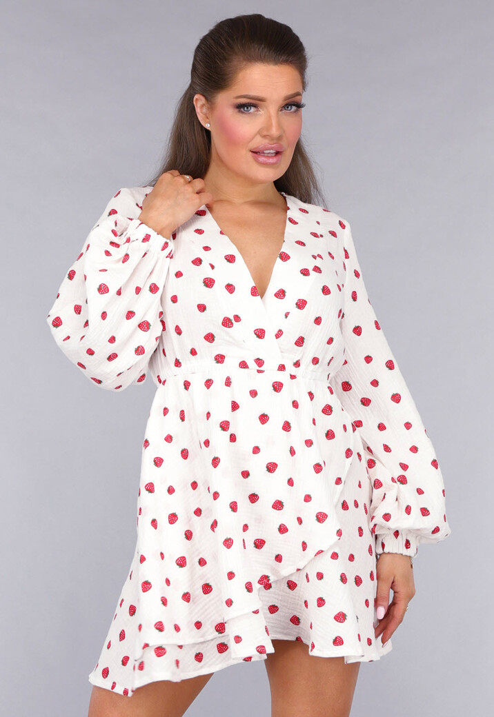 Witte Mousseline Overslag Jurk met Aardbeien