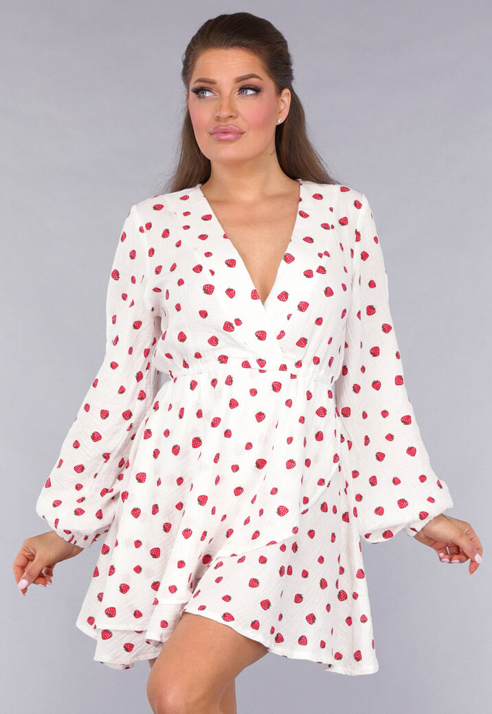 Witte Mousseline Overslag Jurk met Aardbeien