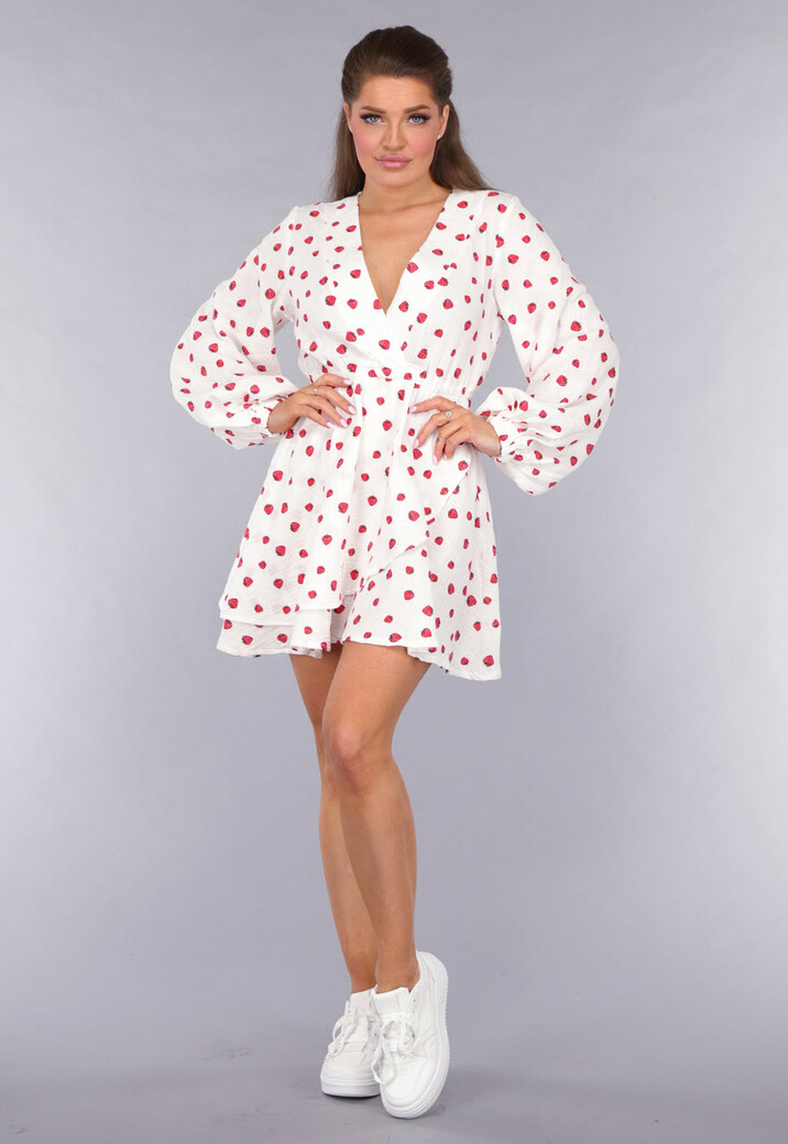 Witte Mousseline Overslag Jurk met Aardbeien