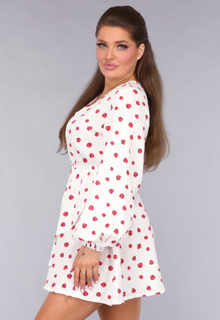Witte Mousseline Overslag Jurk met Aardbeien