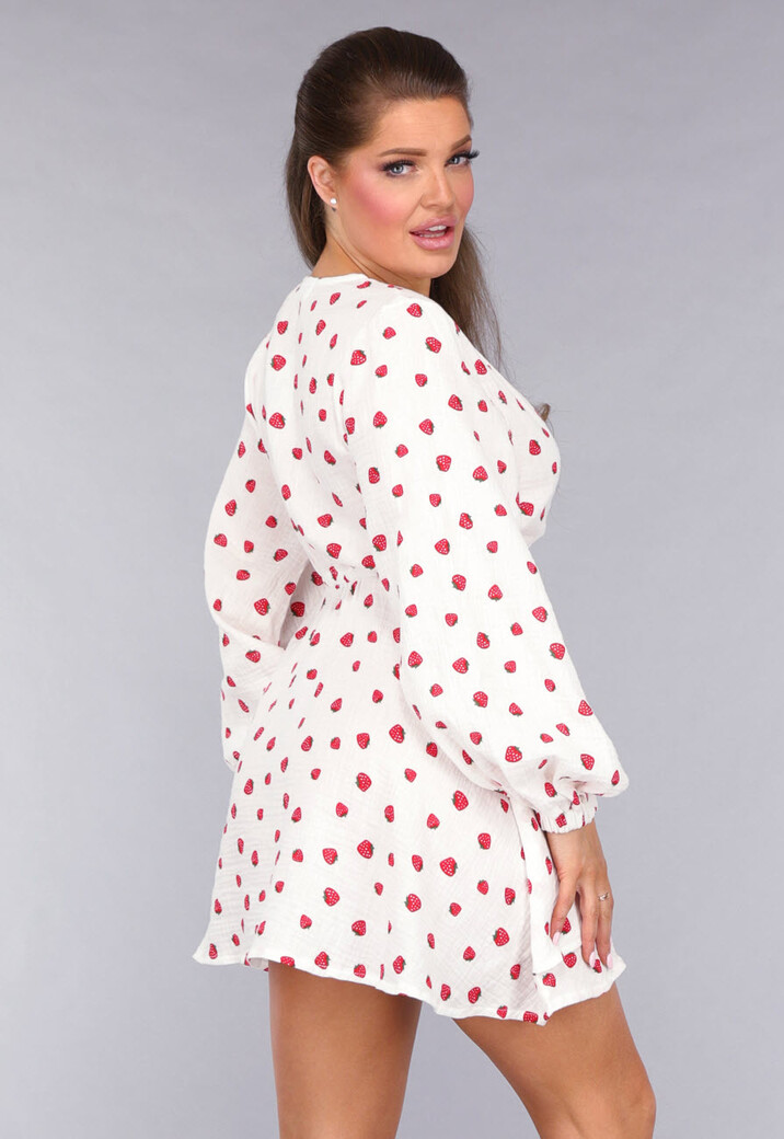 Witte Mousseline Overslag Jurk met Aardbeien
