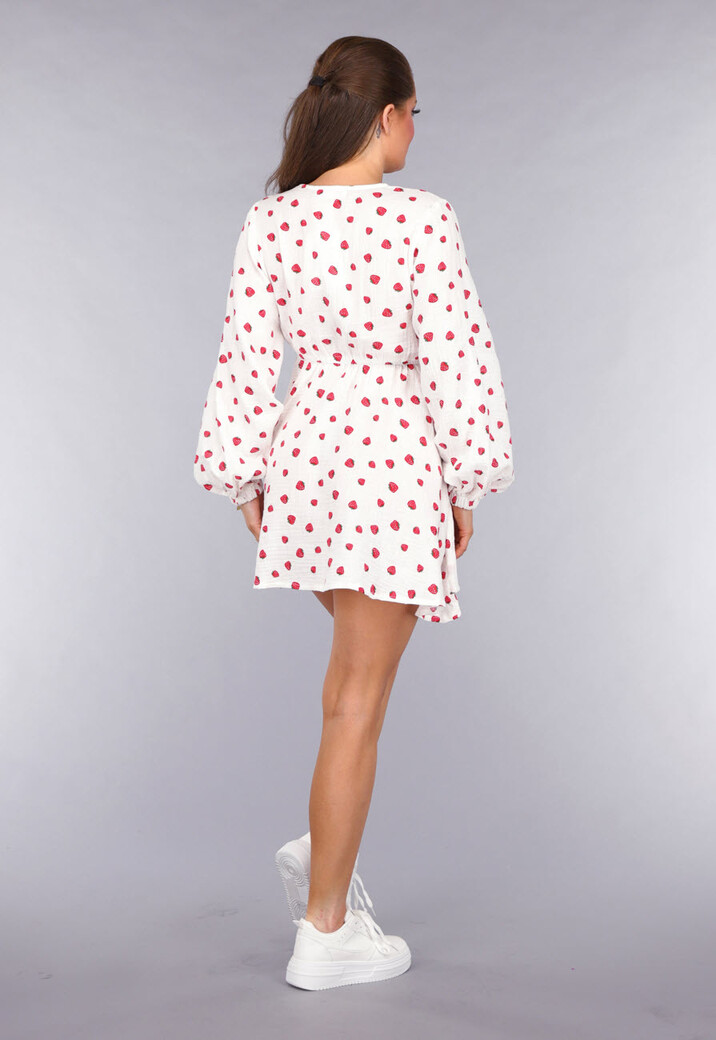 Witte Mousseline Overslag Jurk met Aardbeien