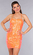 Oranje Pailletten Bodycon Jurk met Veterdetail