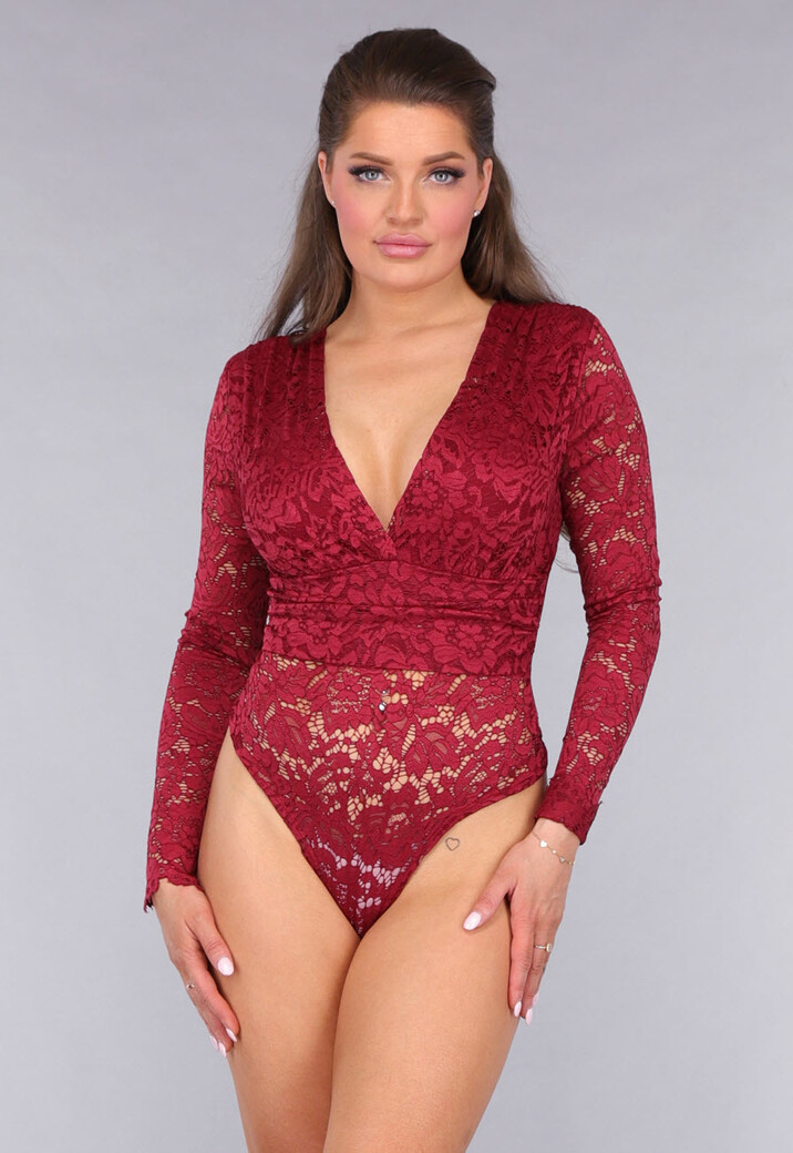 Rode Padded Lace Bodysuit met Lange Mouwen