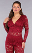 Rode Padded Lace Bodysuit met Lange Mouwen