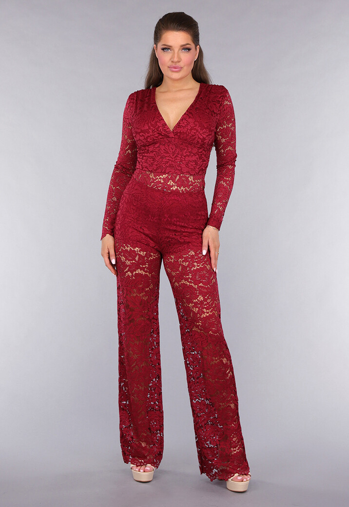 Rode Padded Lace Bodysuit met Lange Mouwen