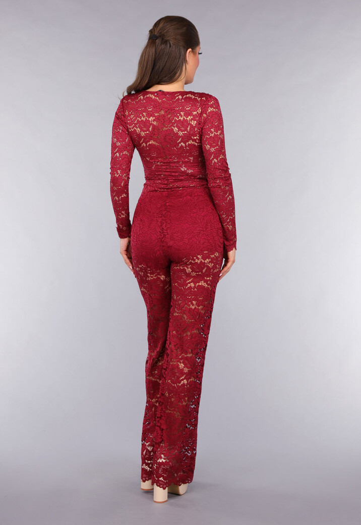 Rode Padded Lace Bodysuit met Lange Mouwen