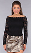 Zwarte Kanten  Off-Shoulder Top met Lange Mouwen