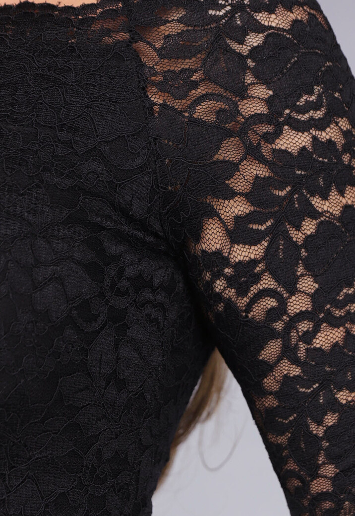 Zwarte Kanten  Off-Shoulder Top met Lange Mouwen