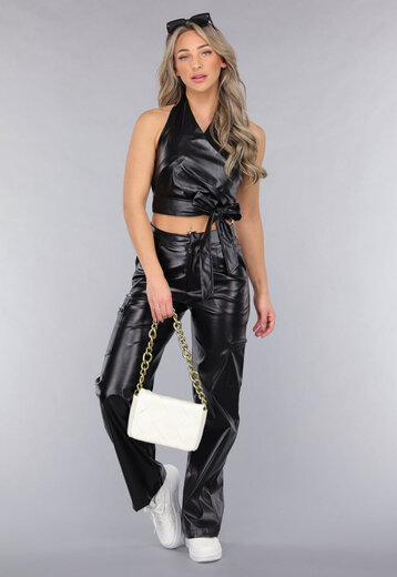 Zwarte Lederlook Cargo 2-Piece met Halter Top