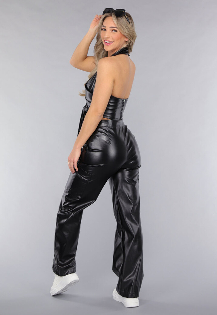 Zwarte Lederlook Cargo 2-Piece met Halter Top